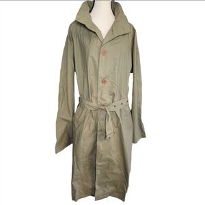 Vintage Light Academia Olive Green Belted PVC Coated Nylon Raincoat Men's XL